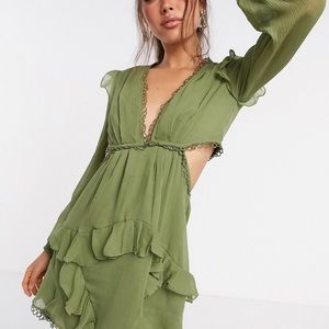 ASOS design green cut out ruffle long sleeve dress